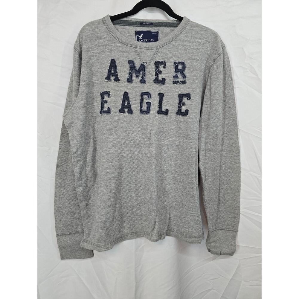 American Eagle Mens Gray Waffle Knit Thermal Long Sleeve Shirt Applique Large